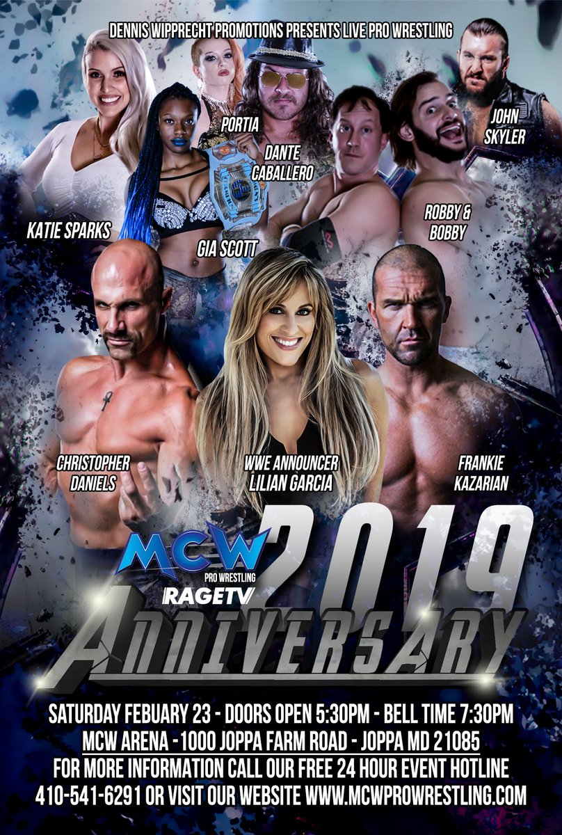 #MCWProWrestling returns to the MCW Arena in Joppa, MD on Sat Feb 23rd for #MCWAnniversary ‼️ Meet former #WWE Announcer Lillian Garcia, @AEWrestling Stars @FACDaniels & @FrankieKazarian as well as ALL the Stars of #MCW‼️ Tix on sale NOW at MCWProWrestling.com #RoyalRumble
