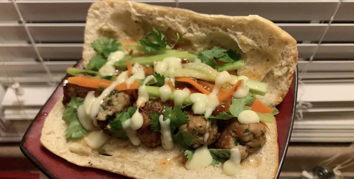 DustinTAdams's tweet photo. Huge shoutout to @BrothersGreenBK! Recreated your chicken meatball bahn mi sandwich, including both sauces from your separate sauce video, and it was a major success. Family approved. 😋 #NewFavoriteSandwich #QuickPickle #Quickle https://t.co/sbqIXsA3rp
