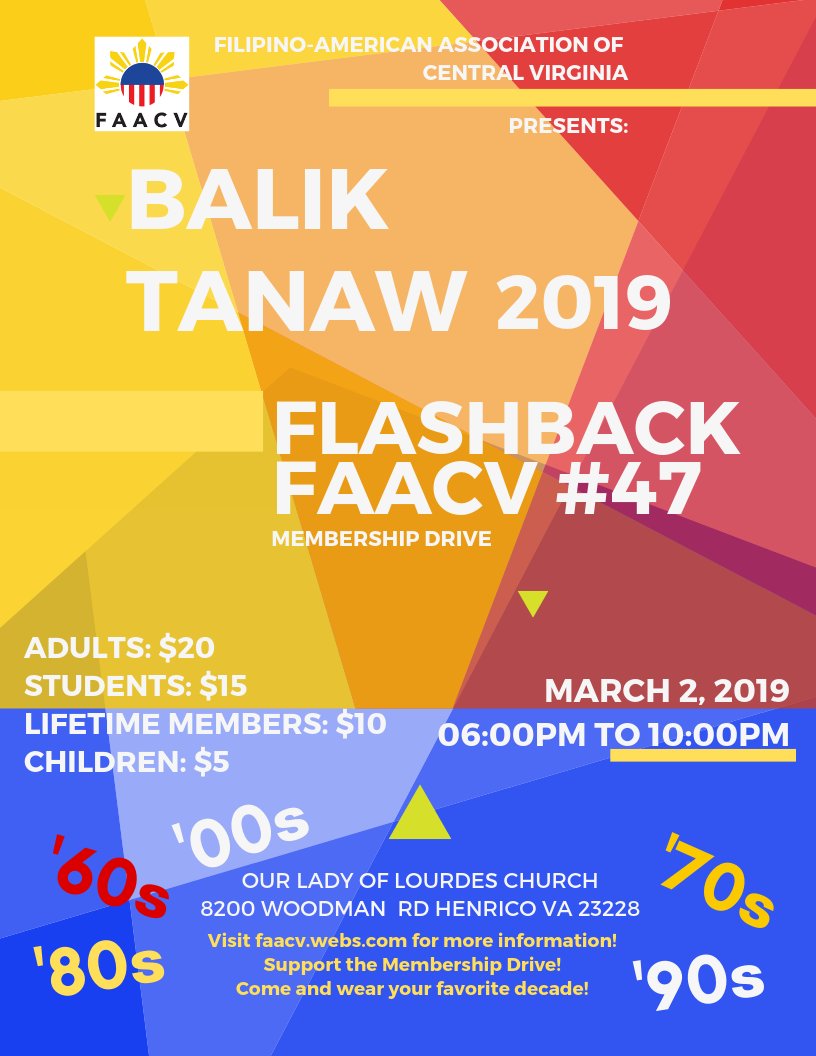 faacv_rva's tweet photo. Join us on 03.02.2019.  FAACV Membership Drive
Dress in your favorite attire from the 60's, 70's, 80's, 90's and 2000's.  
See ya'll there.. https://t.co/QSwAwQJ7zN