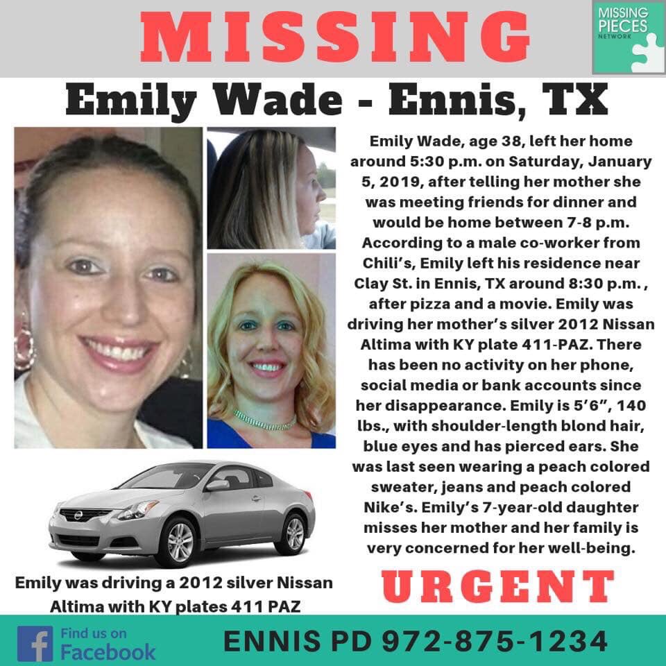 favtshirt's tweet image. MISSING. 
Emily Wade, 38yo/5’6/140lb
BOLO 2012 4dr Nissan Altima, Silver
KY plates 411-PAZ

Donations are requested to help cover Non-Prof Cajun Coast Search &amp;amp; Rescue Team’s, as they work to bring Emily home. Donate Here: m.facebook.com/CajunCoastSAR/

#EmilyWade #EnnisTX #EllisCo #TX