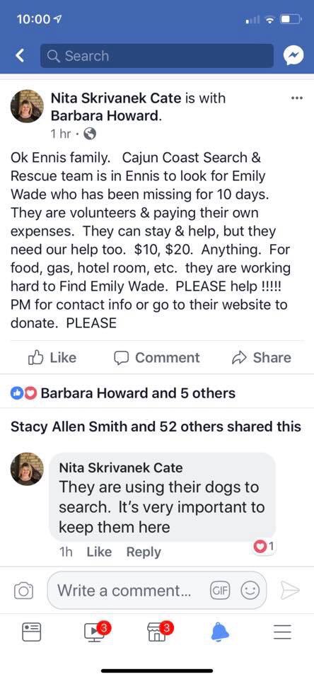 favtshirt's tweet image. MISSING. 
Emily Wade, 38yo/5’6/140lb
BOLO 2012 4dr Nissan Altima, Silver
KY plates 411-PAZ

Donations are requested to help cover Non-Prof Cajun Coast Search &amp;amp; Rescue Team’s, as they work to bring Emily home. Donate Here: m.facebook.com/CajunCoastSAR/

#EmilyWade #EnnisTX #EllisCo #TX