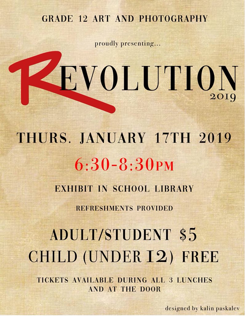 Ms_Brockest's tweet photo. Join us Thursday night for our grade 12 Art and photography show, Revolution.   St. Robert library. 6:30-8:30. Tickets available at the door. https://t.co/qw2OHIGIUH