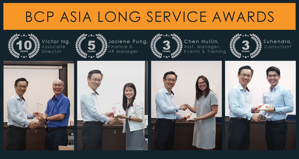 BCPAsia's tweet photo. With a new year, we are pleased to recognise our staff for their long service awards!
Mr. Victor Ng for his 10 years service,
Ms. Jaslene Pung for her 5 years service,
Ms. Chen Huilin and Mr. Suhendra for their 3 years of service.
#longserviceawards #bcpasia https://t.co/JANh0L1YAJ