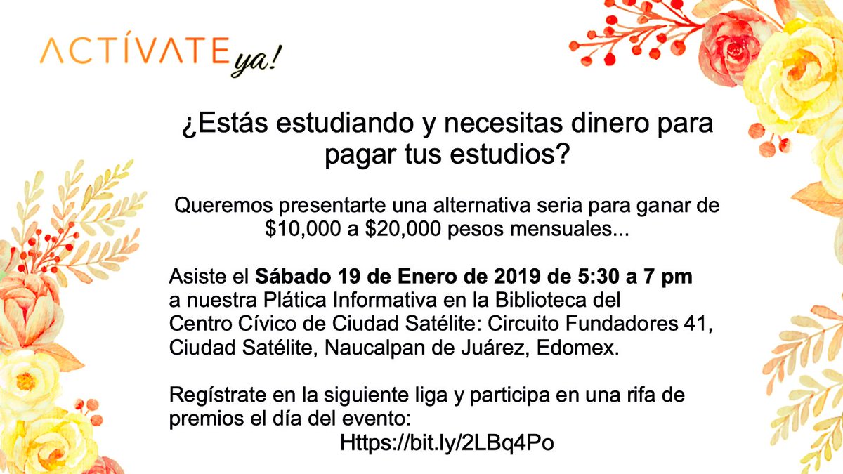 kilg19's tweet photo. Sí eres estudiante y ¿necesitas un ingreso pero con horarios flexibles? Asiste para conocer un negocio noble y honesto que puedes realizar en tus propios horarios y generar lo que necesitas para tus gastos. Toma una decisión bien informada asistiendo a la plática ¡Te esperamos! https://t.co/yyJ371pJjZ