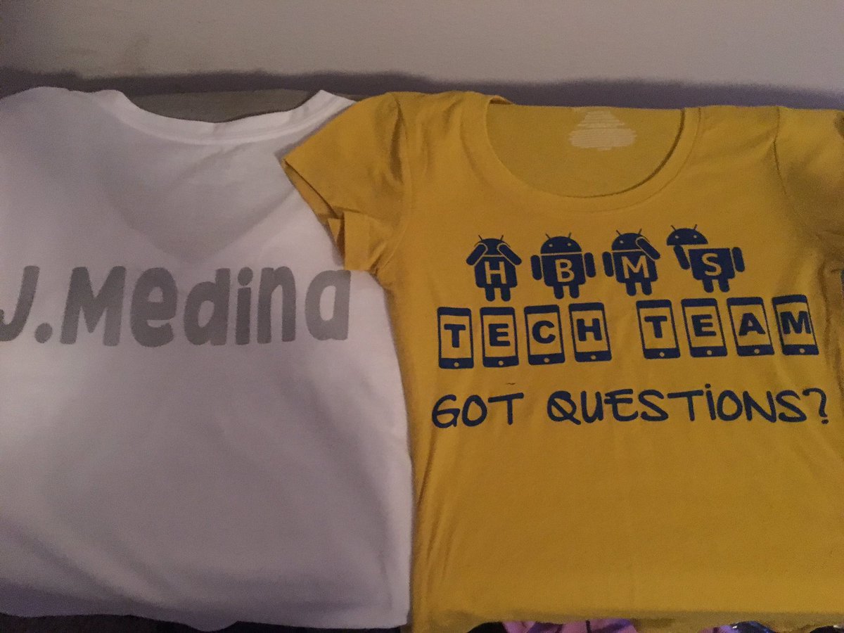 MsMarkoClass's tweet photo. So glad I asked my Tech Team to bring their own TShirts for me to personalize. I would have never bought V necks or shirts so small. Now teachers can identify students who can help them #DPILS #HBMSWarriors @HBMS_Warriors @KayCole13 @FBISDSTEM https://t.co/7YFMMF4WCQ