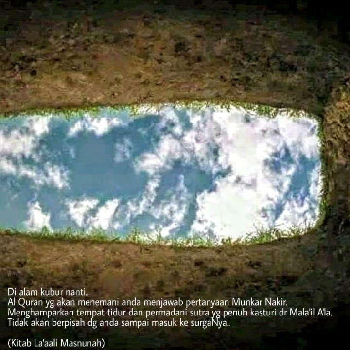 Di alam kubur Al Quran yg akan menemanimu menjawab pertanyaan Munkar Nakir, menghamparkan tempat tidur dan permadani penuh kasturi dan menjagamu sampai ke syurgaNya <a href="/onedayonejuz/">One Day One Juz</a>
