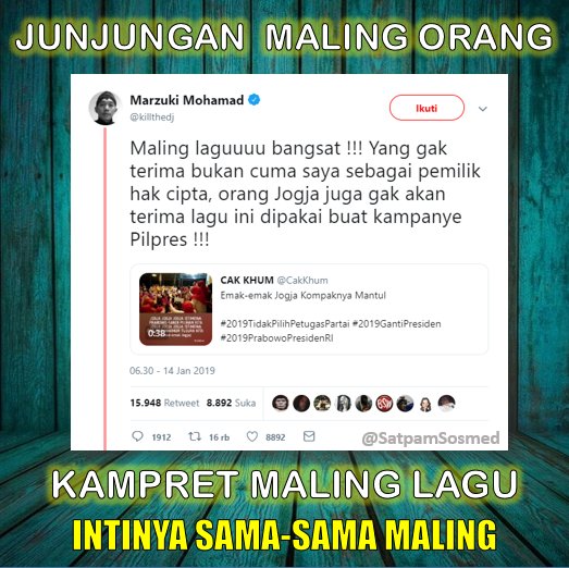 SatpamSosmed's tweet photo. Meskipun bukan orang Jogja, tp Pak Satpam juga tdk terima jika 'Jogja Istimewa' disalahgunaakan untk kampanye tanpa ijin yg bersangkutan. 
Bisa dibilang itu sih maling namanya!
Maju terus mas @killthedj, konco2 dukung sampeyan! 

#patroli24jam
#DukungKillTheDJ
#AwalPenyakit https://t.co/HGrDmRolMA