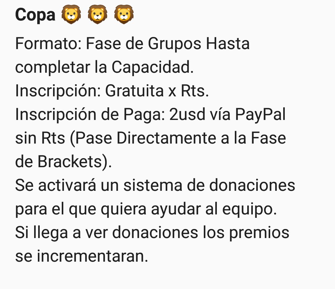 🦁 Leones eSports 🦁
#CR
Inscripciones para la copa!!
Requisitos:
Seguir a:
- <a href="/EsportsLeonesCR/">Leones eSports</a>
- @IvaniXzCR
- Dar RT y Fav
- Conseguir 15rts mencionando a <a href="/EsportsLeonesCR/">Leones eSports</a>
- Pruebas al MD.
Premios: 🥇10usd 🥈3usd

Ingreso a la copa por rts o por pago, más info al MD. 

#GOLeones