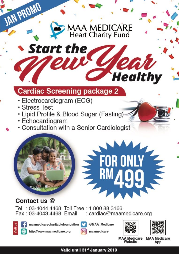 MaaedicareCF's tweet image. Let's start new year in the healthiest way with our January promotion for Cardiac Screening. Call us at 03-4044 4468 to book your spot. 
Let's make 2019 a healthy year for you!

#MAAMedicare 
#januarypromotion 
#newyear 
#livehealthy 
#newyearnewme 
#cardiacscreening 
#cardiac