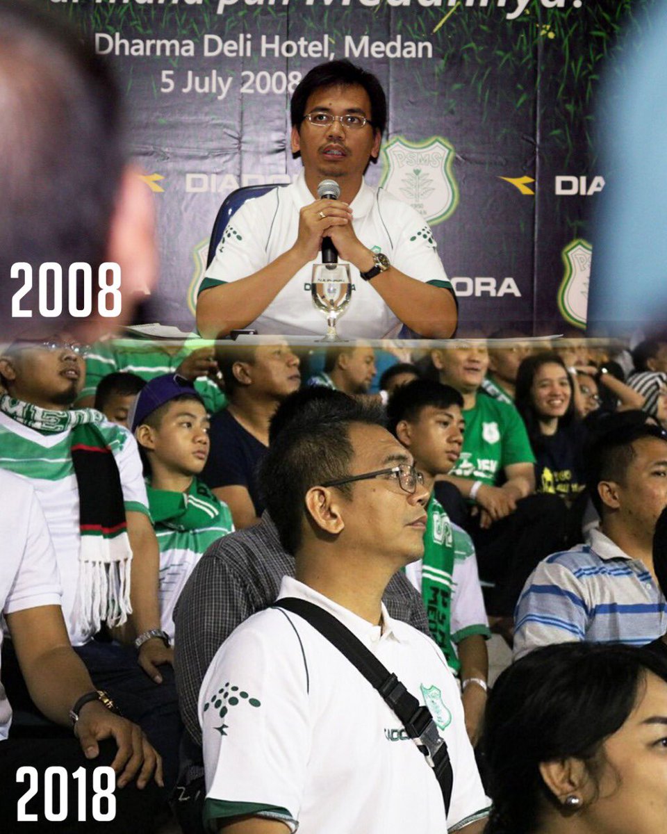 SiharSitorus's tweet photo. Ini foto saya 2008 saat masih mendampingi PSMS sebagai pengelola, dan 2018 saat saya mendampingi PSMS sebagai Supporter. Bagaimanapun saya tetap Medan dimanapun Medannya. #10yearchallege https://t.co/FWNz7KZnGE
