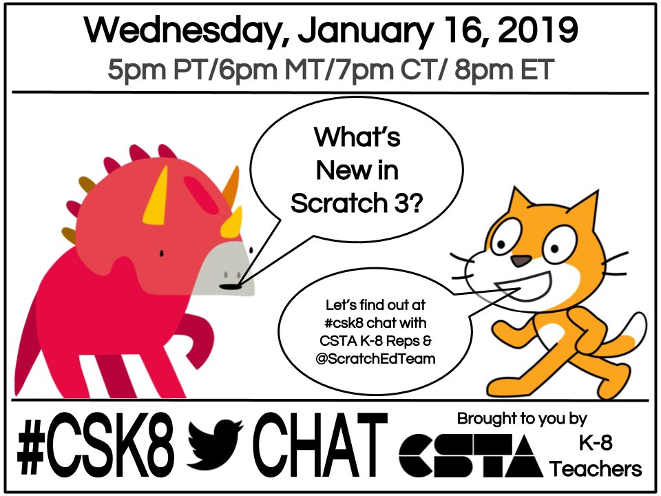 5 minute warning for tonight’s #csk8 What’s New in #Scratch3 chat. Please join us! #scratchchat #creativecomputing #scratched #elemcode