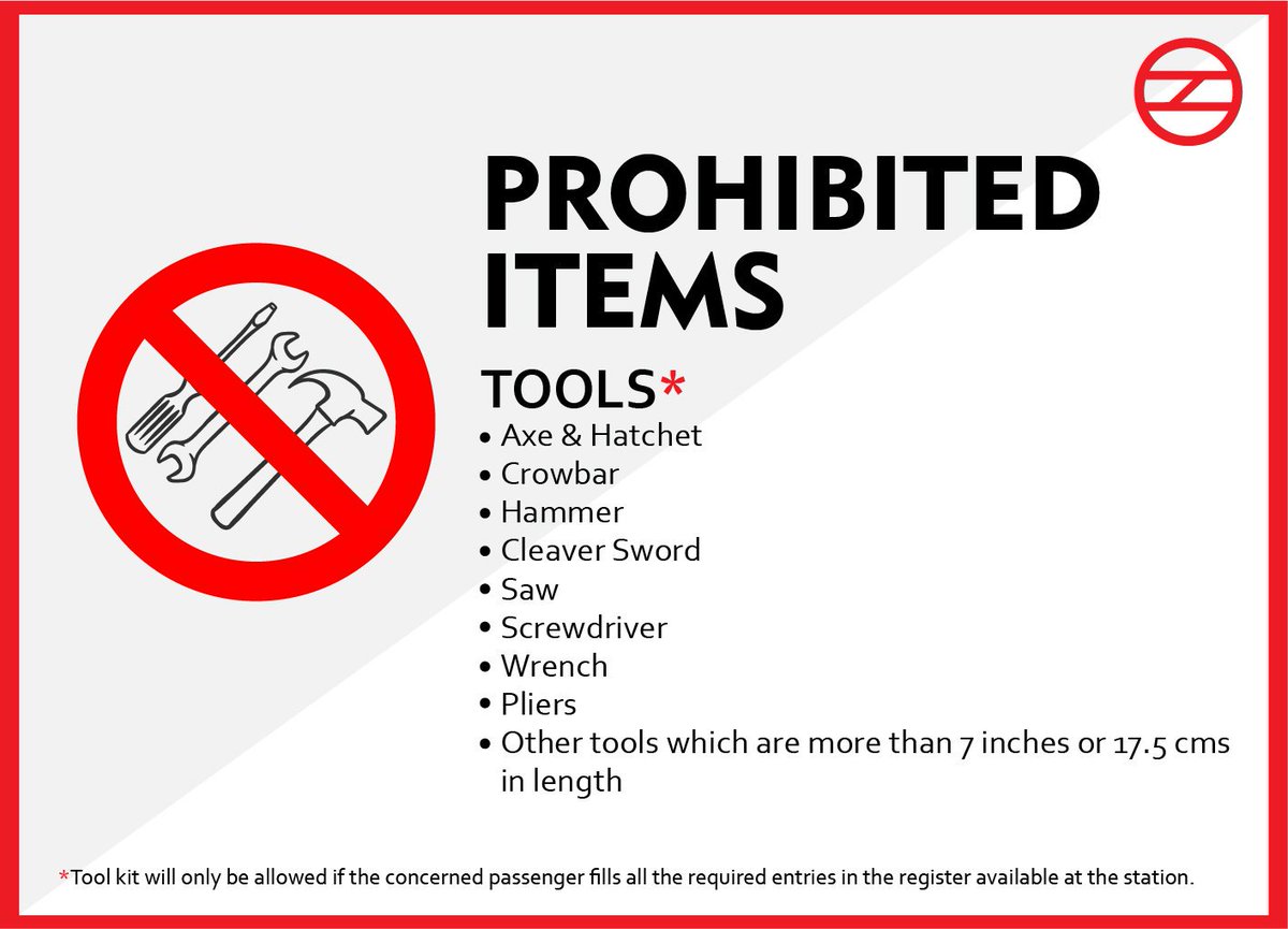 As per Delhi Metro rules, you are prohibited from carrying the following items while travelling on the metro. Please follow the rules and co-operate with metro officials to ensure the safety of