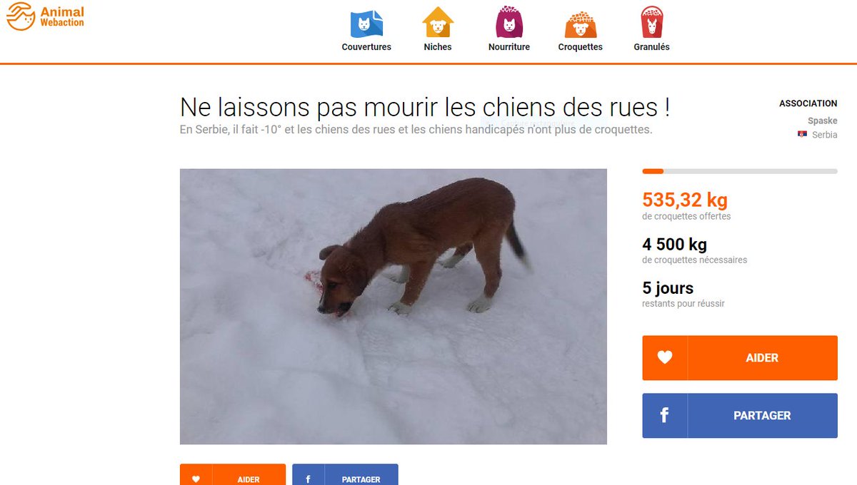 🆘#COLLECTE de #CROQUETTES🆘pour les #CHIENS des rues en Serbie. Il fait -10° ❄️ et ils n'ont plus de croquettes.
AnimalWebaction #France
🆘RESTE⚠️5⃣⚠️JOURS 🆘 A👊I👊D👊E👊Z
#RETWEETEZ 🙏
🛑1 Clic #GRATUIT 👇1 Don si vous le pouvez🛑
https://www.animalwebaction.com/collectes/4958/croquettes-sos-serbie-chiens-des-rues-et-handicapes-spaske/ … …