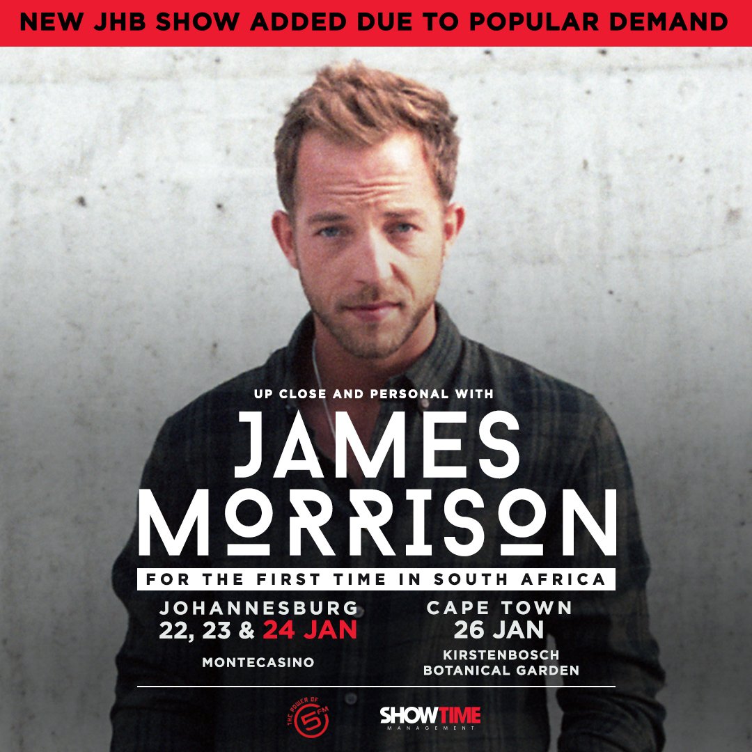 <a href="/JamesMorrisonOK/">James Morrison</a> in SA and on stage for 3 Jhb concerts at <a href="/MONTECASINOZA/">MONTECASINO</a> on 22,23,24 January, Book <a href="/Computicket/">Computicket</a>. One night only in Cape Town at Kirstenbosch Botanical Garden on 26 January, 7pm. Book at <a href="/webticketsSA/">webtickets.co.za</a> Once heard never forgotten. Don't miss out!