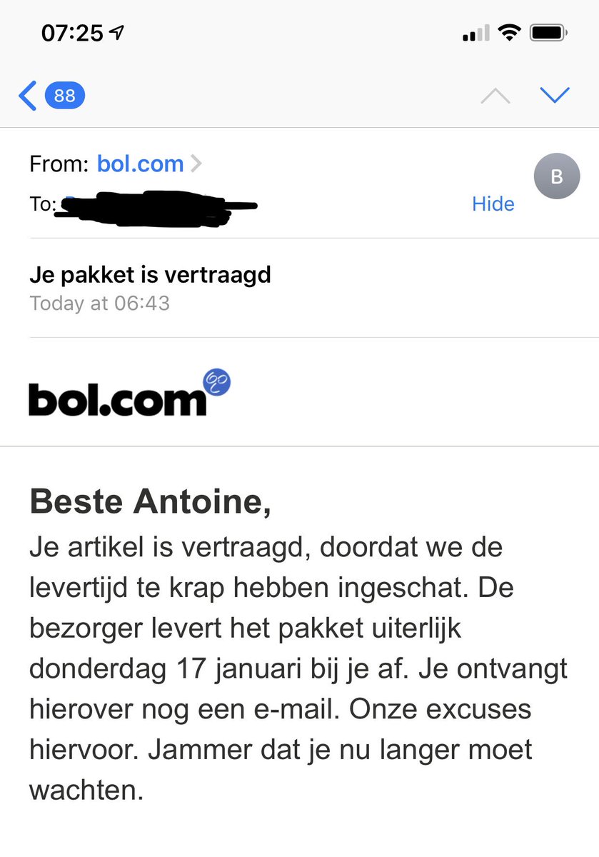 vangst Concurrenten vredig bol.com on Twitter: "@n2one We're sorry to hear you're experiencing a delay  for the fourth time, Antoine. That's highly unusual as almost 98% of our  orders are delivered as planned. We do