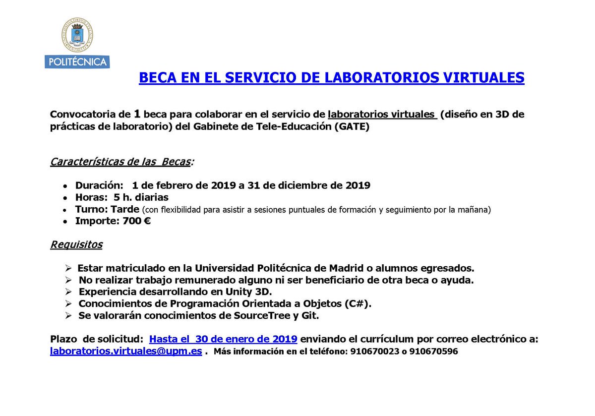 Labs3DUPM's tweet photo. ¿Quieres trabajar con nosotros ayudando a desarrollar laboratorios virtuales? @gateupm ofrece una beca para colaborar en la creación de #laboratoriosVirtuales.
Si te interesa no dudes en ponerte en contacto con nosotros. #VR #unity #programacionOrientadaObjetos #3d https://t.co/lt9VzMLGR8