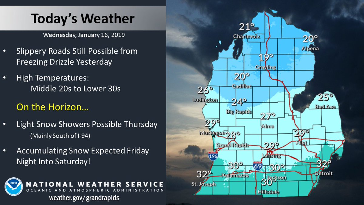 NWSGrandRapids's tweet photo. Light snow mixed with freezing drizzle will end this AM, but slick spots continue on untreated roads and sidewalks from yesterday's freezing drizzle. Keep an eye on the forecast for this weekend as chances for accumulating snow will be possible Friday night into Saturday! #miwx https://t.co/jczfaaBzfy