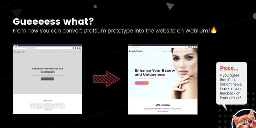 You asked, we listened 😉 From now you can easily convert your prototypes made with Draftium into websites with AI-powered #websitebuilder. <a href="/Weblium/">Weblium</a> DIY website builder is out 🥳 Leave your feedback on #ProductHunt if you find it useful: producthunt.com/posts/weblium-…