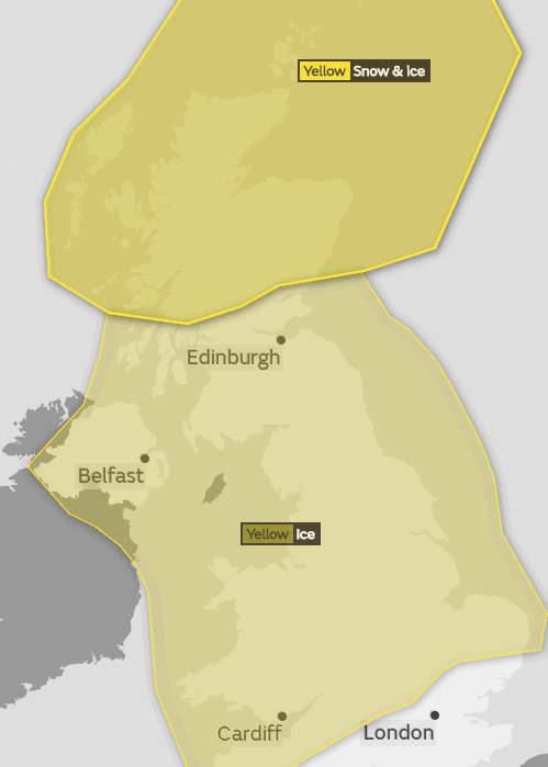 Yellow 'Be Aware' warnings in place today (Wednesday) and tomorrow, for Snow over northern Scotland and Ice over most of the UK. Keep up to date with the latest <a href="/metoffice/">Met Office</a> weather warnings here: bit.ly/2MeZZWT and always check local forecasts.