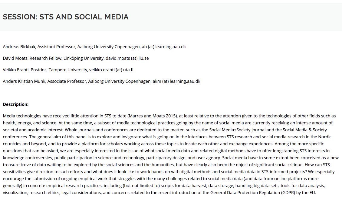 What does it look like to work hands-on with digital methods and social media data in STS-informed projects? Two days to go to submit abstracts for our "STS and Social Media" session at the Nordic STS Conference in Tampere, Finland, 13-14 June 2019! events.uta.fi/nordicsts2019/…