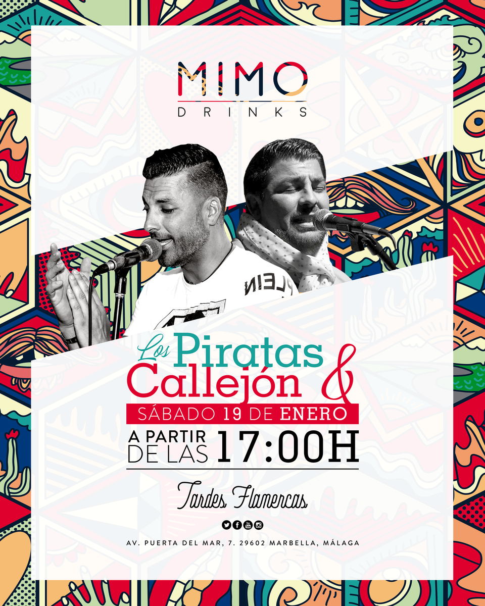 MimoDrinks's tweet photo. 📣 ¡Tenemos preparado un planazo para este sábado! Conciertazo de Los Piratas &amp; Callejón desde las 17.00h. ¡Ni se te ocurra perdértelo! #TardesFlamencas 

#MIMO #MIMODrinks #Marbella #Marbs
#livemusic #conciertos #cocktails #weekend #life #flamenco #music https://t.co/69MlNbZXxW