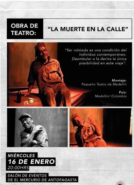 ColombianosAfta's tweet photo. ¡HOY! a las 20 hrs. en el salón de eventos de un diario local ubicado en Matta 2112, la compañía @Pequeno_TeatroM de Medellín, se presenta con la obra "Muerte en la Calle" en el marco del Festival Internacional de Teatro Zicosur #FITZA2019 @festivalzicosur #Antofagasta https://t.co/bq8b9dEPRi