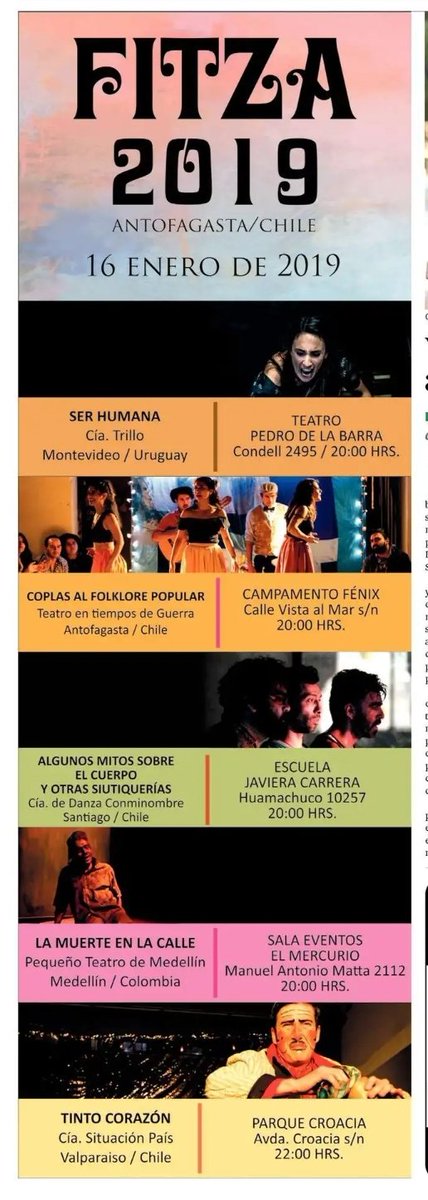 ColombianosAfta's tweet photo. ¡HOY! a las 20 hrs. en el salón de eventos de un diario local ubicado en Matta 2112, la compañía @Pequeno_TeatroM de Medellín, se presenta con la obra "Muerte en la Calle" en el marco del Festival Internacional de Teatro Zicosur #FITZA2019 @festivalzicosur #Antofagasta https://t.co/bq8b9dEPRi