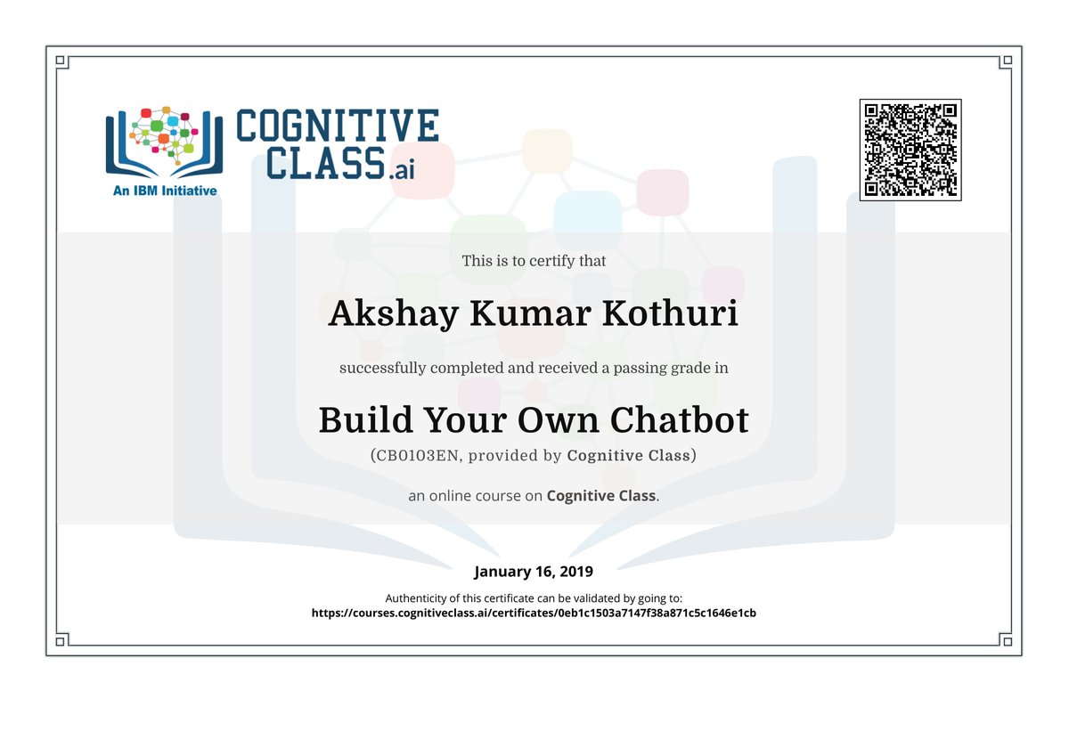AKothuri94's tweet photo. Completed my course certifications provided by IBM Cognative classes in stream of AI #BuildingChatBots #PhythonforDataScience #NoderedBasicsforBots https://t.co/ED8l6ieRgP