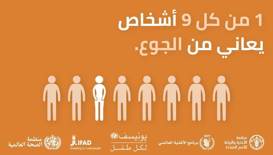 FAOarabic's tweet photo. 1 من كل 9 أشخاص يعاني من الجوع، هذا يعني 821 مليون جائع يعيشون بيننا اليوم. على الرغم من أننا ننتج من الغذاء ما يكفي الجميع!

#وقف_الهدر الغذائي سيمكننا من #القضاء_على_الجوع بحلول عام 2030 https://t.co/wthUsDTPMp