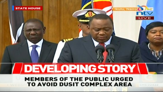 The_EastAfrican's tweet photo. KENYAN President Uhuru Kenyatta says "security operation is over and all terrorists eliminated"; Says death toll from the Nairobi Riverside attack is 14. https://t.co/94z6zmVTYY