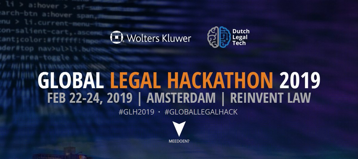 Want to join a great group of legal innovators in developing new tools for legal services? We will be working with <a href="/WoltersKluwerNL/">Wolters Kluwer LR NL</a> in the organization of the Amsterdam event for the Global Legal Hackathon #GLH2019:
globallegalhackathon.nl