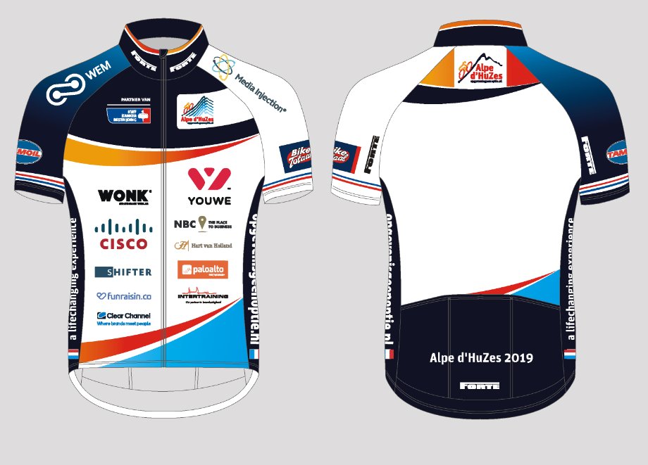 alpedhuzes's tweet photo. ✨ Taadaa! 😎 De nieuwe koersshirts voor Alpe d’HuZes en Alpe d’HuZus 2019! Wij zijn er superblij mee. Jij ook? Op de achterzijde komen jouw donateurs te staan. Er is plek voor 16 logo’s! Wie zijn jouw topdonateurs? #ad6 https://t.co/M1KwKGYxp9