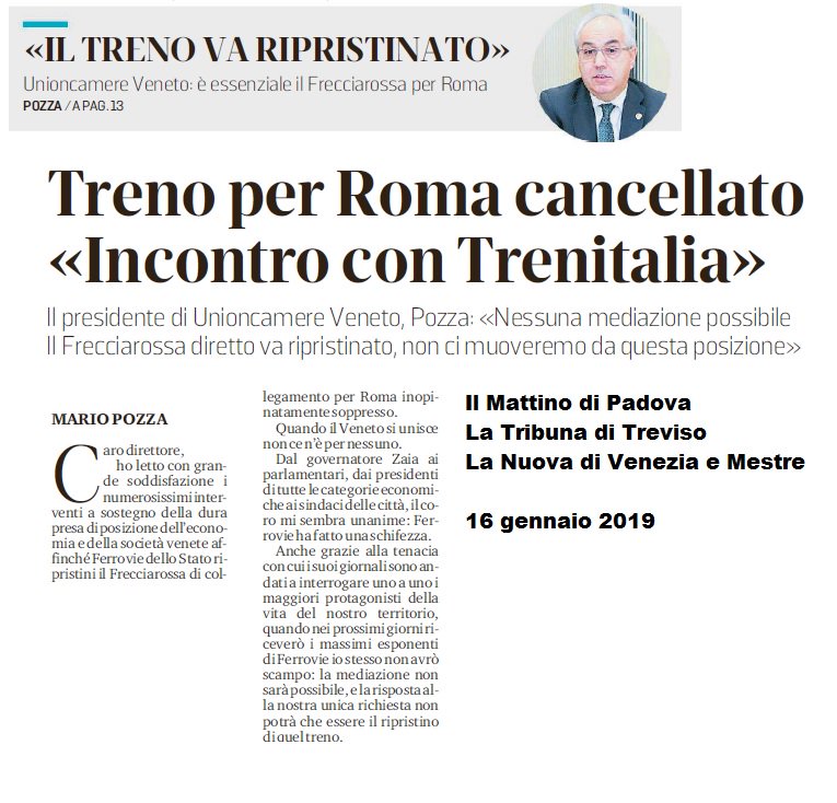📰 #rassegnastampa #16gennaio
Sulla cancellazione #Frecciarossa delle 6.06 #Venezia-#Padova-#Roma
«Nessuna mediazione possibile. Il Frecciarossa diretto va ripristinato, non ci muoveremo da questa posizione» Incontro con @LeFrecce 🚆
@mariopozzatv presidente #Unioncamere #Veneto