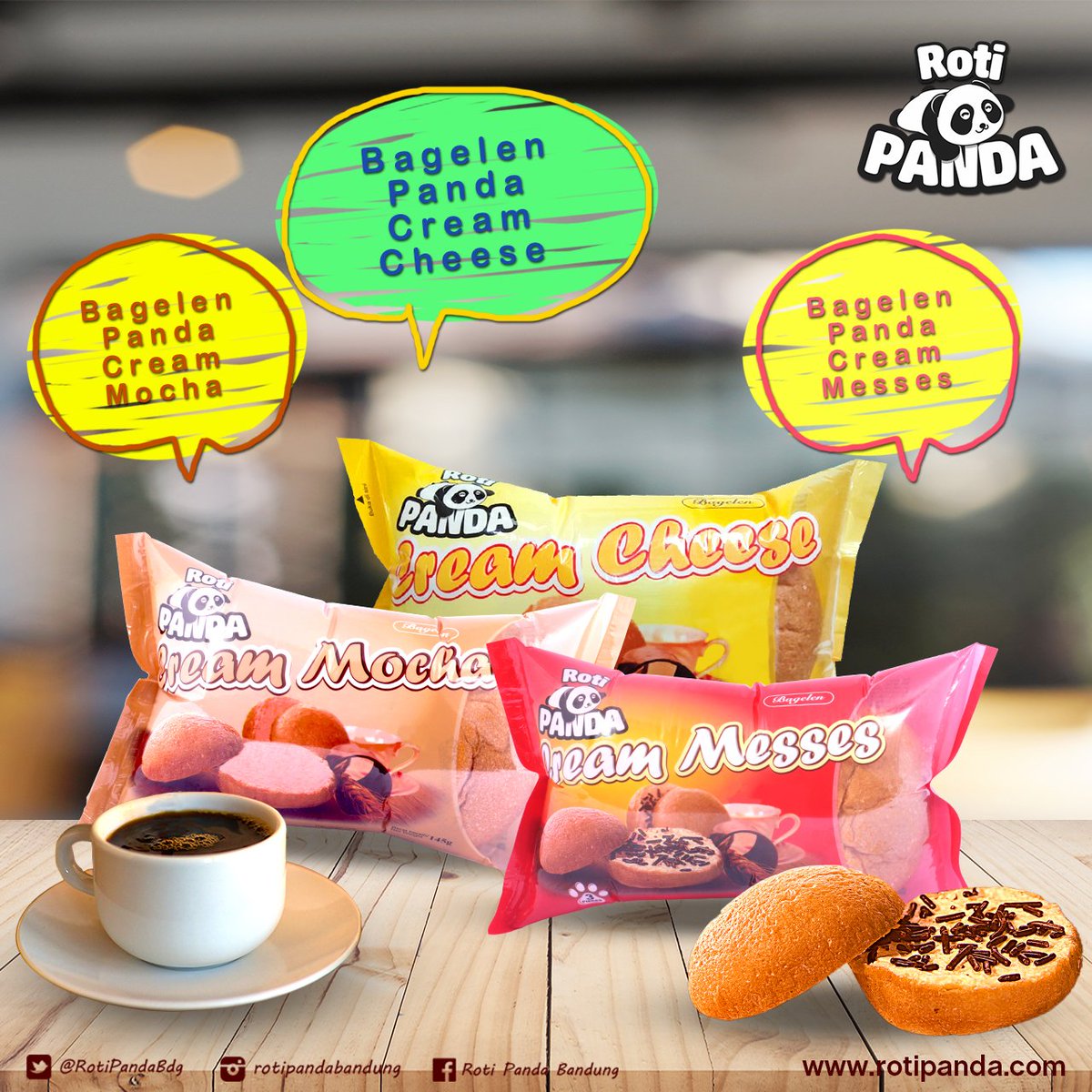 RotiPandaBdg's tweet photo. sudah tau belum varian bagelen dari Roti  Panda, Nih mimin kasih tau yah bagelen panda ada tiga varian rasa loh,  dari cream keju, cream mocha dan cream messes. Nah buat kalian yang  belum nyobain semua varian rasanya yuk buruan coba, 
#rotipanda #rotipandabandung #bagelenpanda https://t.co/MvOStV3vrn