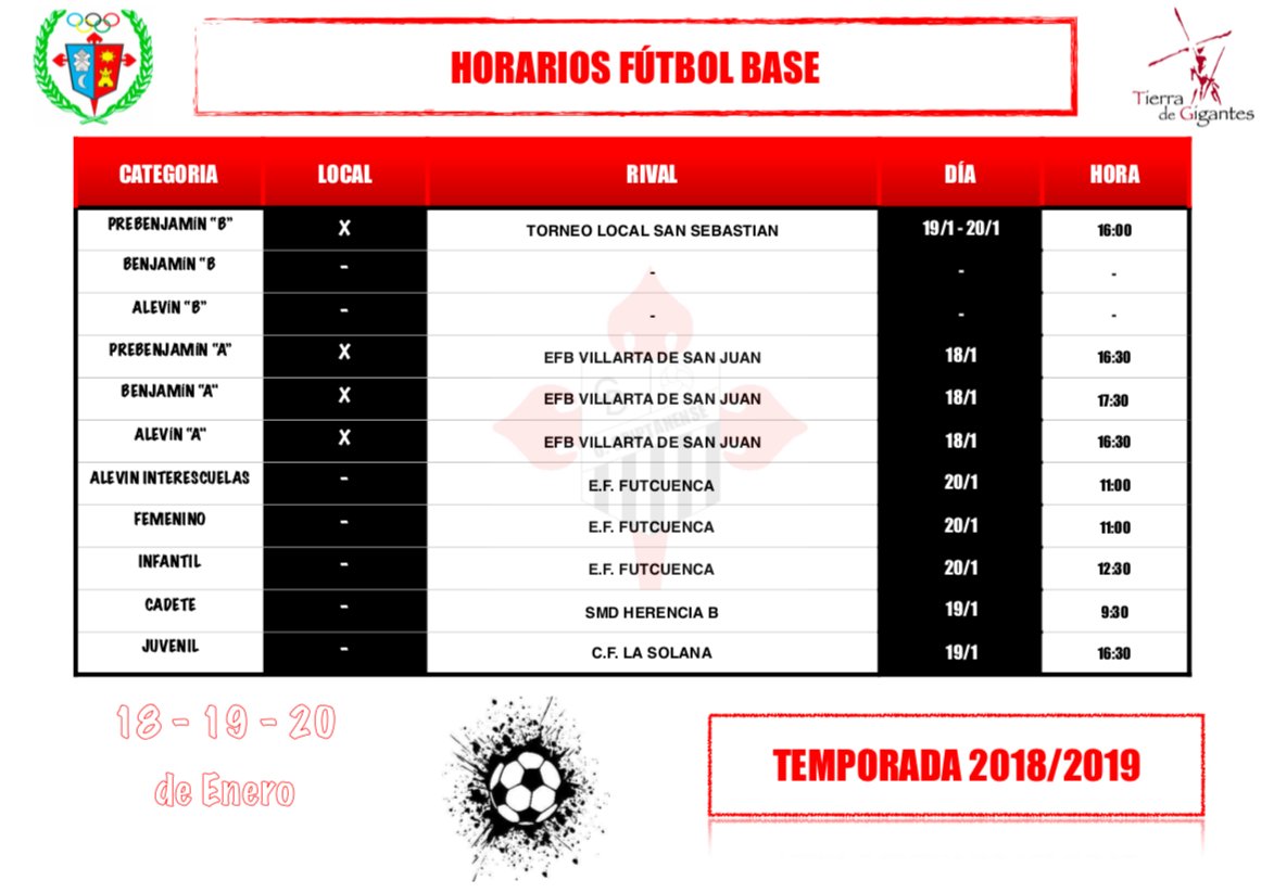 EmbCriptana's tweet photo. Horarios Competitivos 18-19-20 de Enero. 

#Escueladefútbol #TierradeGIGANTES #formación https://t.co/vNQuf1kbbq