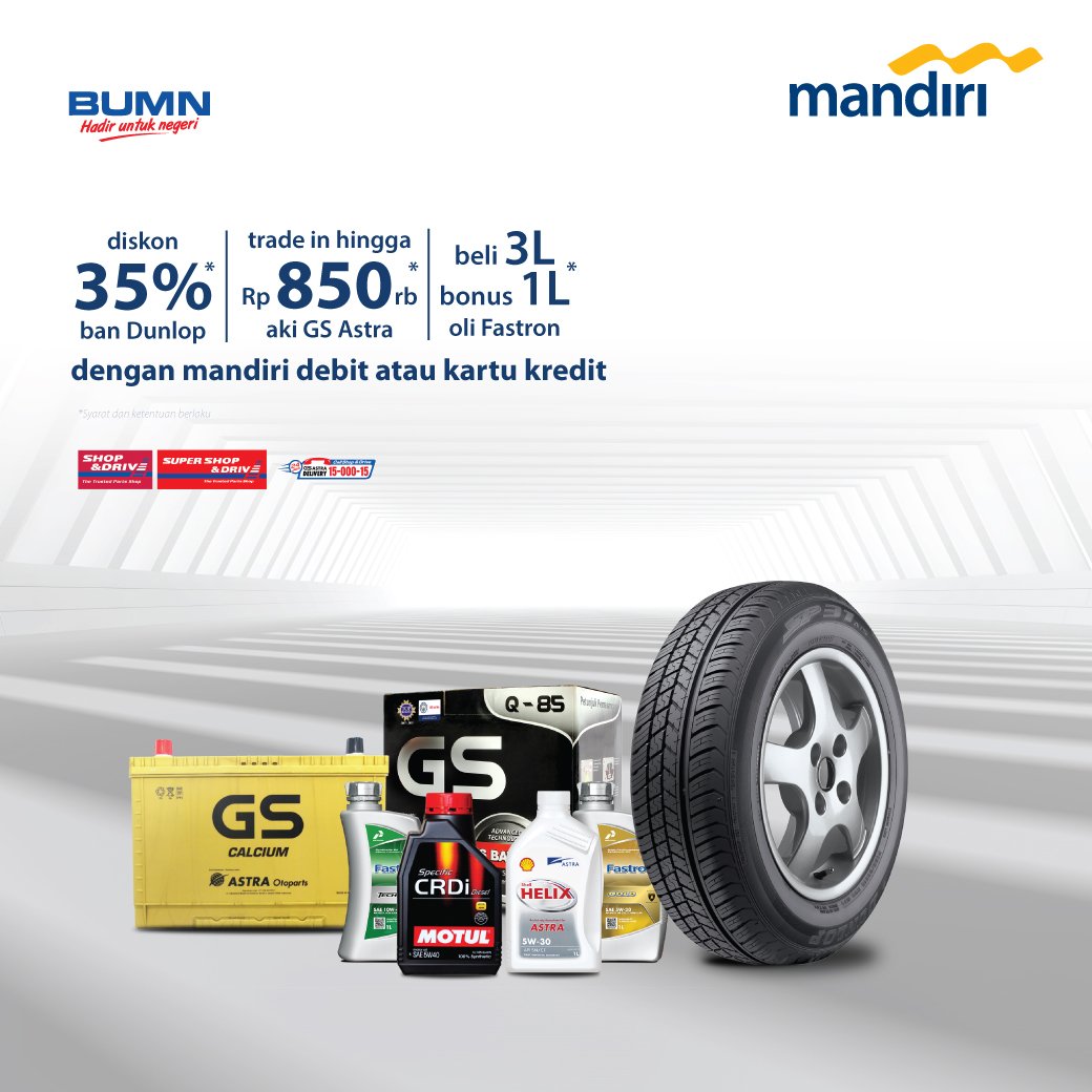 Promo Spesial Kartu Debit & Kredit Bank Mandiri di Shop&Drive!
http://bit.ly/Mandiri2019_1
s/d 28 Feb 2109.
#SnDPromo #GantiOli #AstraShell #Fastron #Motul #GantiAki #TradeIn #GSAstra #BanMobil #Dunlop #Kogado #Helios #AspiraExposio #BankMandiri #Mandiri #shopanddrive #FiestaPoin