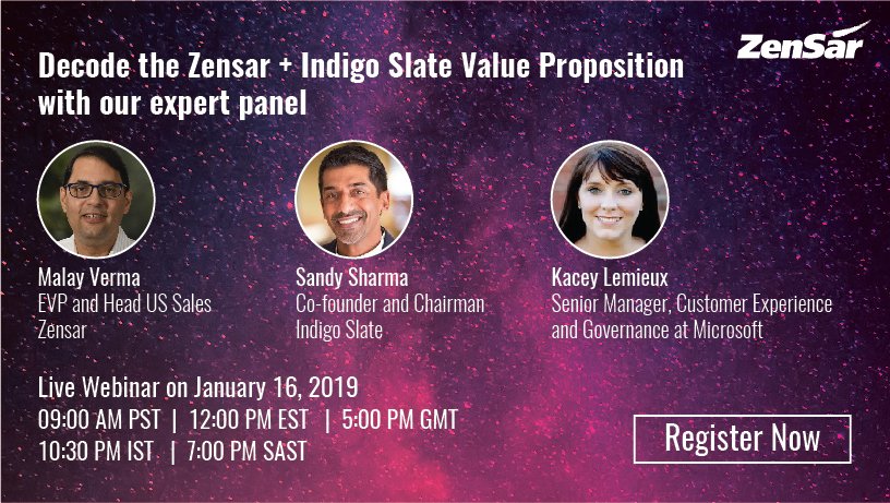 Zensar's tweet photo. Join us today for an interesting #Webinar on Experiential Marketing to Digital Transformation. Click to enroll: https://t.co/dsO8kQMF3N
@IndigoSlate #DigitalTransformation #CustomerExperience #RoDNeXT #ArtificialIntelligence https://t.co/DQKTIeP9ap