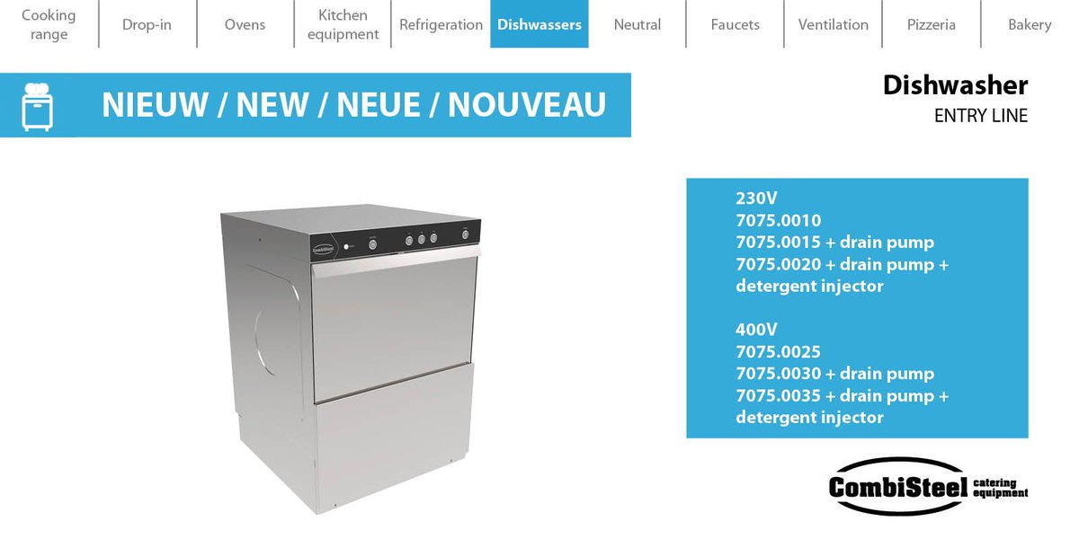 Meet our new #EntryLine #dishwashers. We have 6 models in our range with a distinction between 230V and 400V and models with and without drain pump and detergent injector. They have a loading height of 280mm and 3 washing programs. #combisteel #dishwashing bit.ly/DishwasherFron…