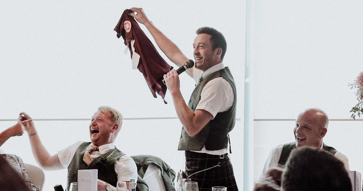 TLCMedia7's tweet photo. Best Man Banter 👏🏻

The moment best man @HumeCraig presents the ‘Hibs mad’ groom @MccrindleJamie with his very own Hearts Top with McLaren, 5-1 on the back. 

Just one of many ‘laugh out loud’ moments from the McLaren Wedding! 

#videoframes #tlcmedia #videographer #storyteller https://t.co/Cz3lqTOlHN