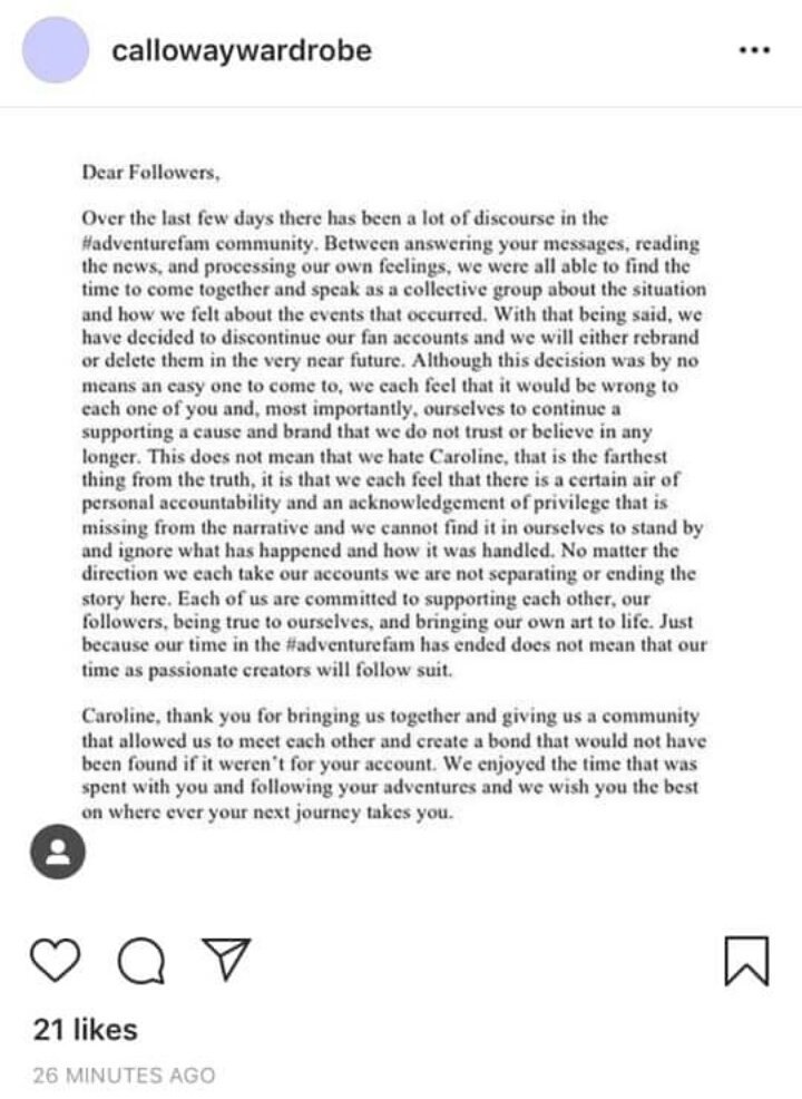 An interesting update: Two prominent Caroline Calloway fan accounts on Instagram (The first mentioned was previously called CallowaySlay) have decided to rebrand & distance themselves from a "brand that we do not trust or believe in any longer."