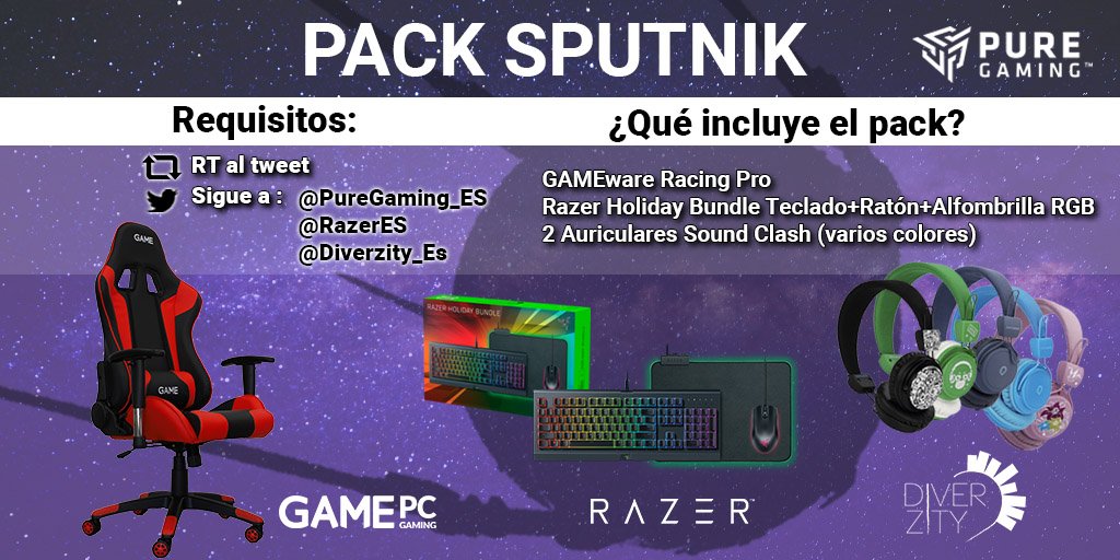 PureGaming_ES's tweet photo. ¡Desvelamos el primer pack de nuestro #SORTEO INTERGALÁCTICO! Ya puedes participar para llevarte el Pack Sputnik.

¿Qué tienes que hacer?

☄️RT A ESTE TWEET

🚀 Seguir a @PureGaming_ES , @VideojuegosGAME, @RazerES, @Diverzity_ES 

El pack incluye todo esto 👇🏼#SorteoPureGaláctico https://t.co/fOX5cGFMAq