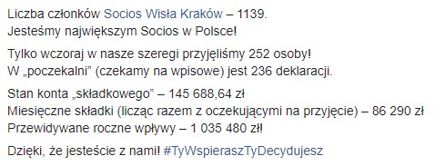 Uwaga, uwaga - podajemy liczby dnia!Liczba członków Socios Wisła Kraków - 1...