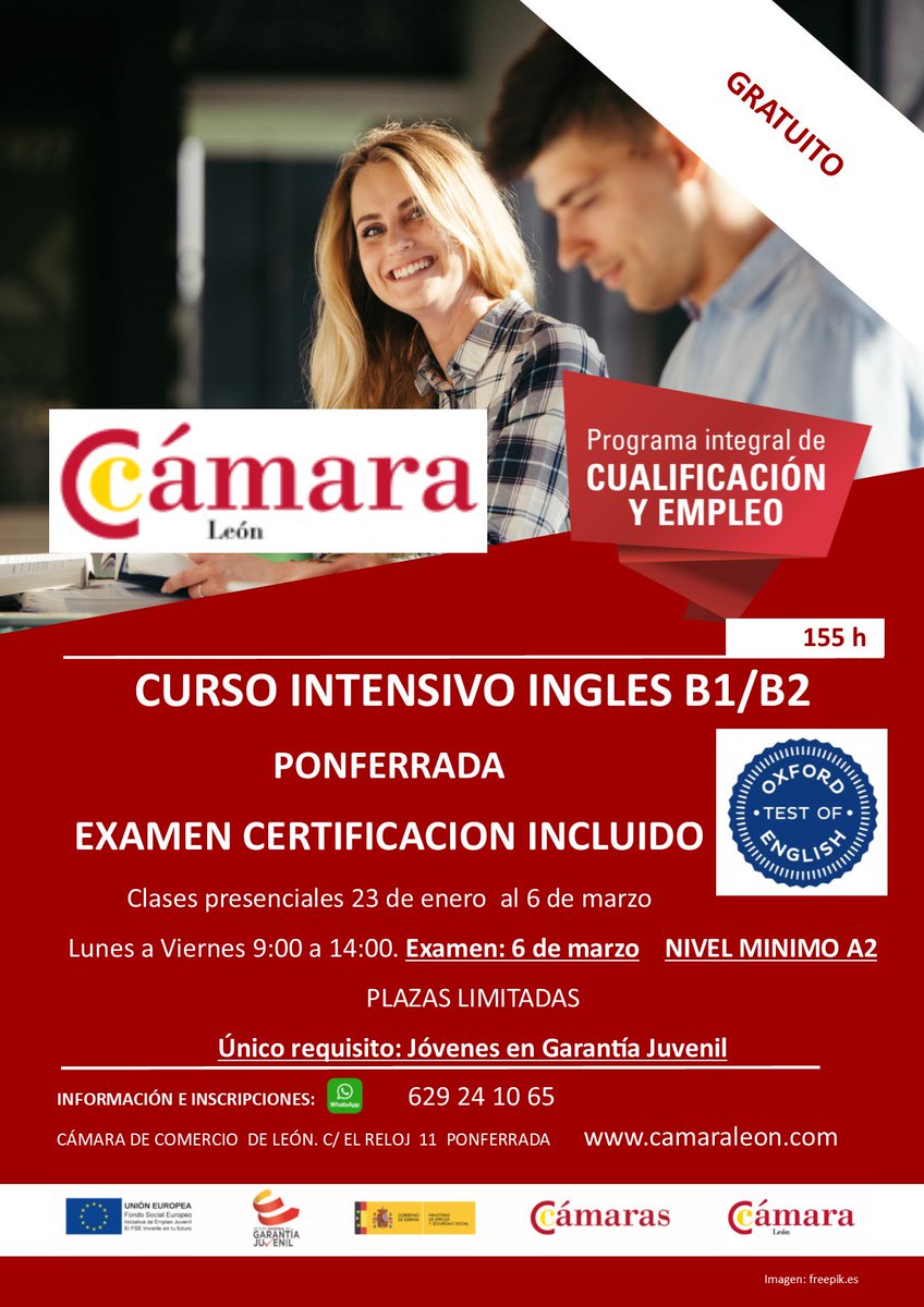 ccomercioleon's tweet photo. ✅Curso ProgramaPICE
INGLÉS Intensivo B1/B2 PONFERRADA
Examen Oxford incluido 
Único requisito inscritos #GarantíaJuvenil
📞629241065 https://t.co/4HPkL0G5II