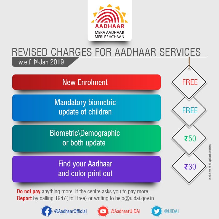 Aadhaar on Twitter "The charges for Aadhaar services have been revised