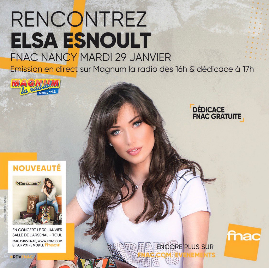 ElsaEsnoultOff's tweet image. Rdv le Mardi 29 Janvier à la Fnac de Nancy pour une séance de dédicaces et le lendemain à Toul pour le Concert !!!! 😍😍 
Trop hâte de vous voir !!!! 🔥💜💖💙💚💛🧡❤️🔥
Lien de ma Tournée ⬇️
elsaesnoult.lnk.to/Tournee

#elsaesnoult #concerts #tournee #france #musique