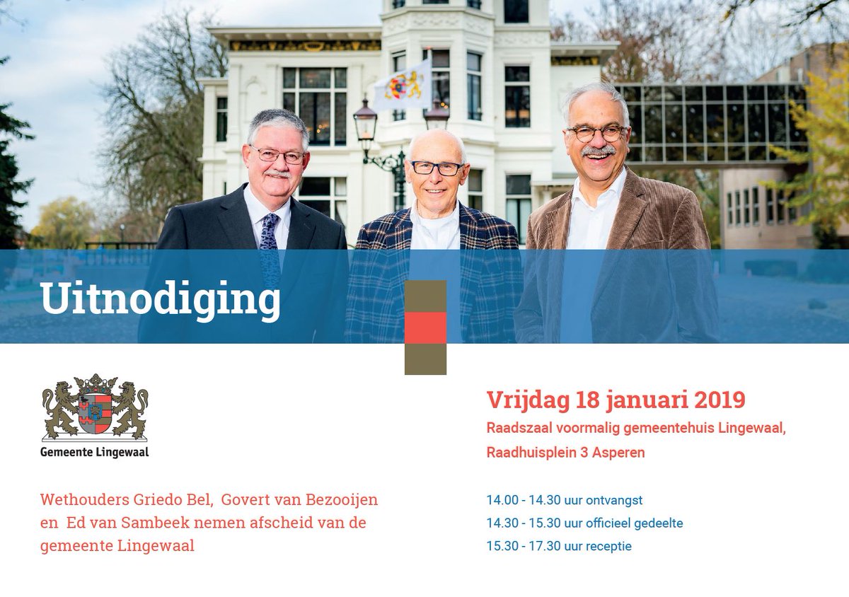 Op 18 jan nemen de wethouders van de voormalige gemeente Lingewaal afscheid. Zij schudden u graag persoonlijk de hand. Het afscheid is van 14.30-17.30 uur in de raadszaal van het voormalige gemeentehuis van Lingewaal. Aanmelden via afscheidwethouders@lingewaal.nl.