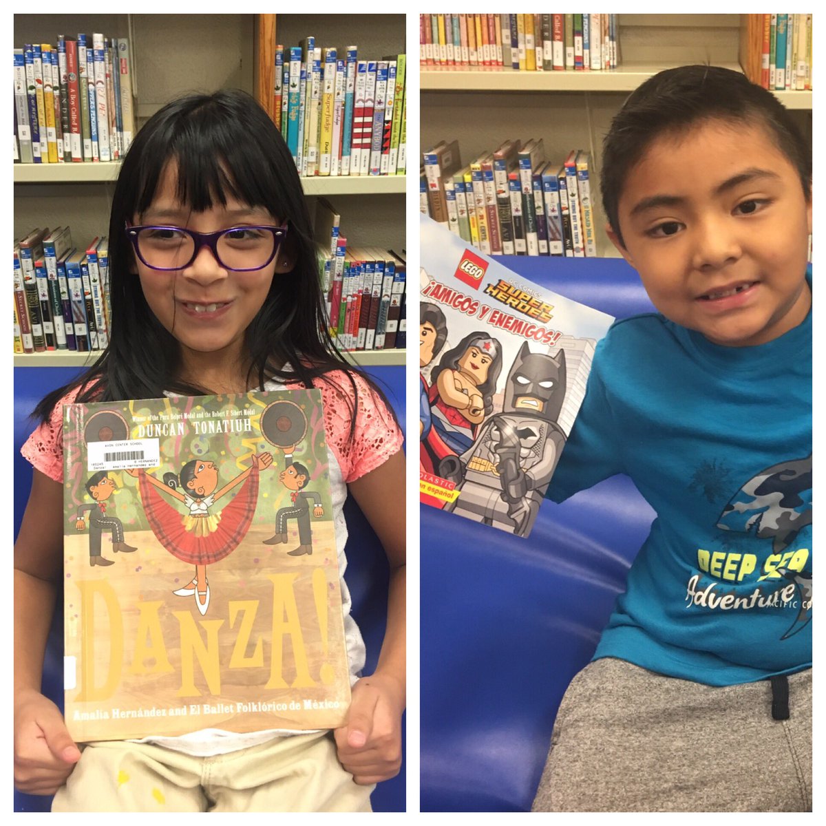 These smiling  @AvonNovas were so happy to check out 2 of our new Spanish titles in the @AvonMediaCenter! @JenJReader @duncantonatiuh @DCComics #danza #lego #elementarylibrary #bilingual #mskordekslibrarydays