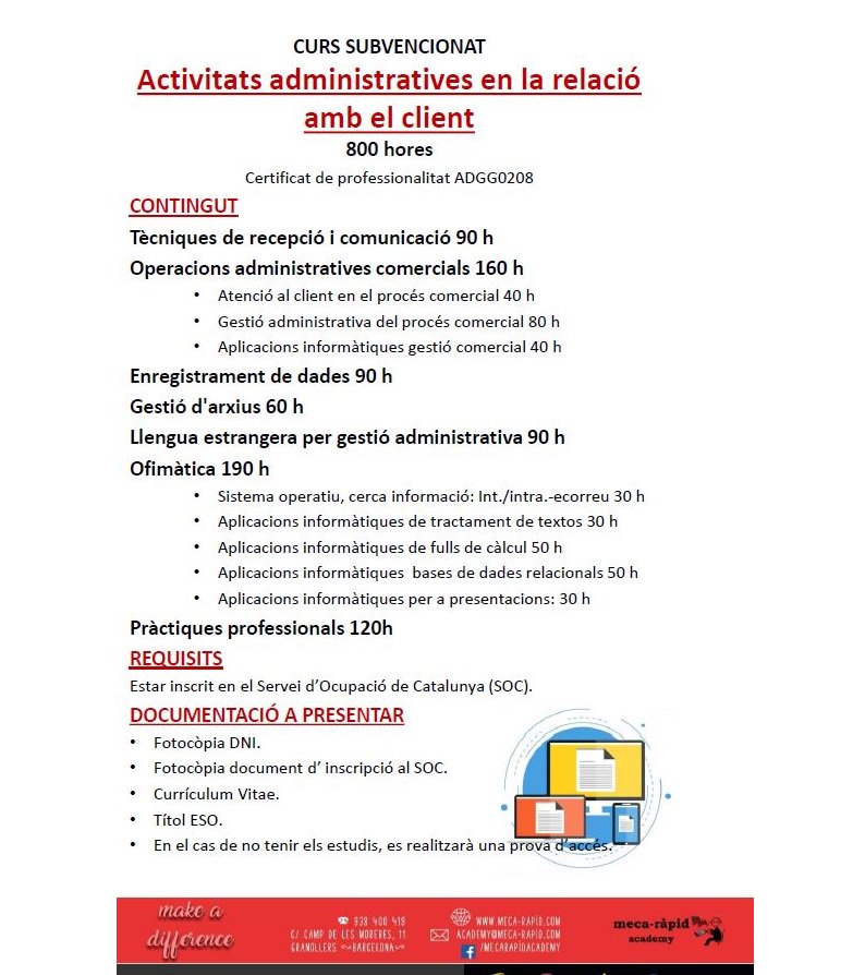 SpaiJove's tweet photo. Curs subvencionat a Granollers! 

Activitats administratives en la relació amb el client. 800 hores amb certificat de professionalitat!

Reserva la teva plaça, el curs comença aquest gener. https://t.co/EY7cECa5WT