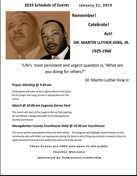 nhs_dragonpride's tweet photo. Join us on January 21 as we take part in the MLK march!

9:30 am - PRAYER MEETING @ the Eugenia Sterne Park Gazebo
~
10:00 am - MARCH ending at courthouse
~
10:30 am - RALLY @ Nacogdoches County Courthouse

Events are FREE and open to all! https://t.co/tRTo4ug28a