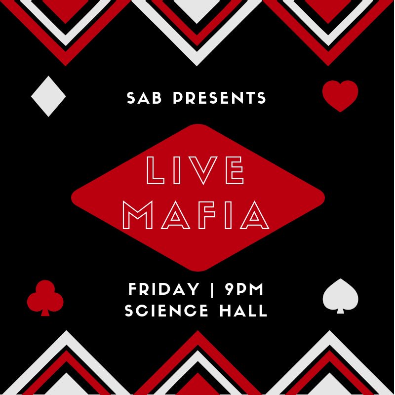 SABHuntington's tweet photo. Don’t be bored this J-term! Come play live mafia with us Friday night! https://t.co/4WAt2BuAo3